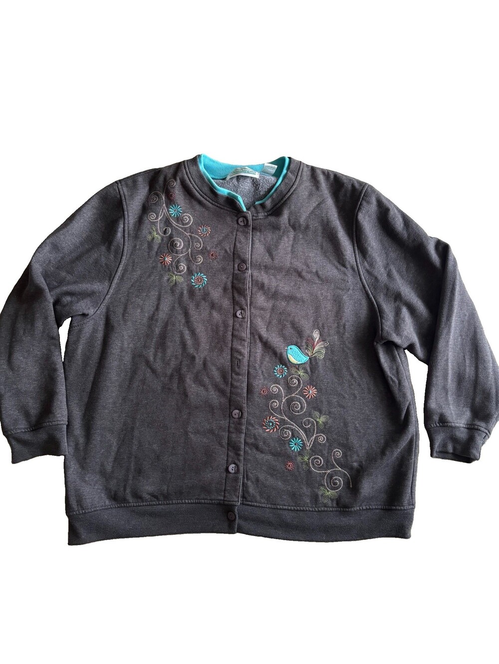 Shenanigans Sweater Womens Size 2XL Flowers Spring Bird Gray And Blue